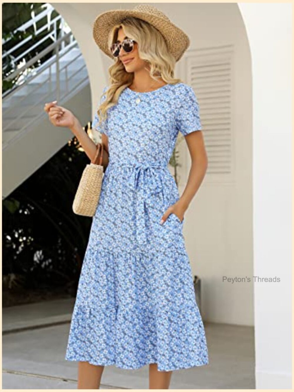 Tiered Midi Dress Short Sleeve Belted Ruffle Babydoll Boho Sundress with Pockets - Picture 4 of 7